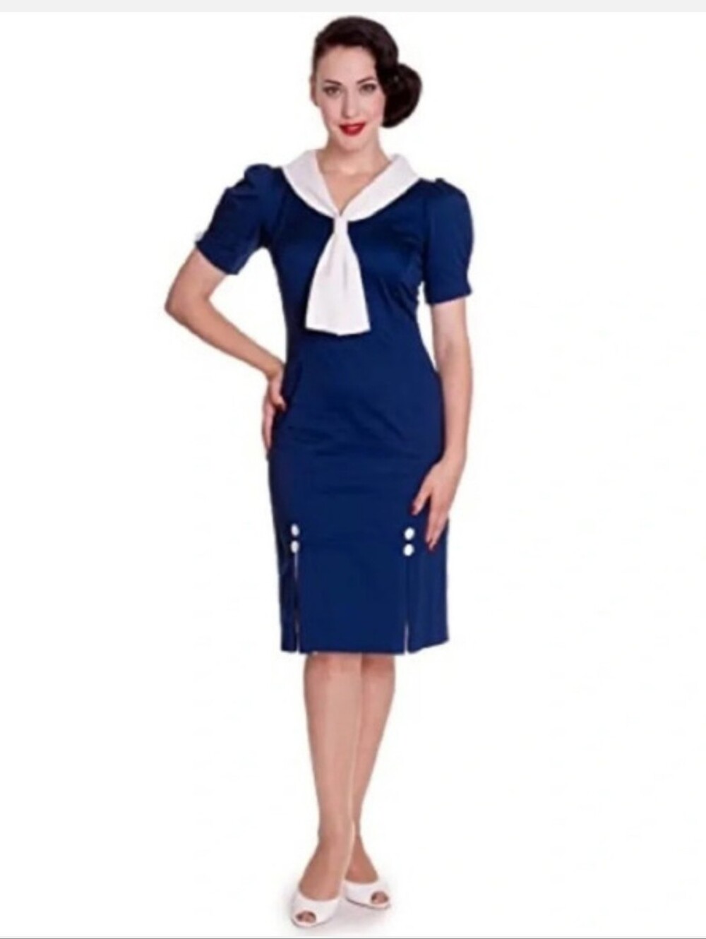 Unique Vintage x Hell Bunny Size Large Navy Blue Sailor Jackie Pencil Dress - Picture 5 of 10